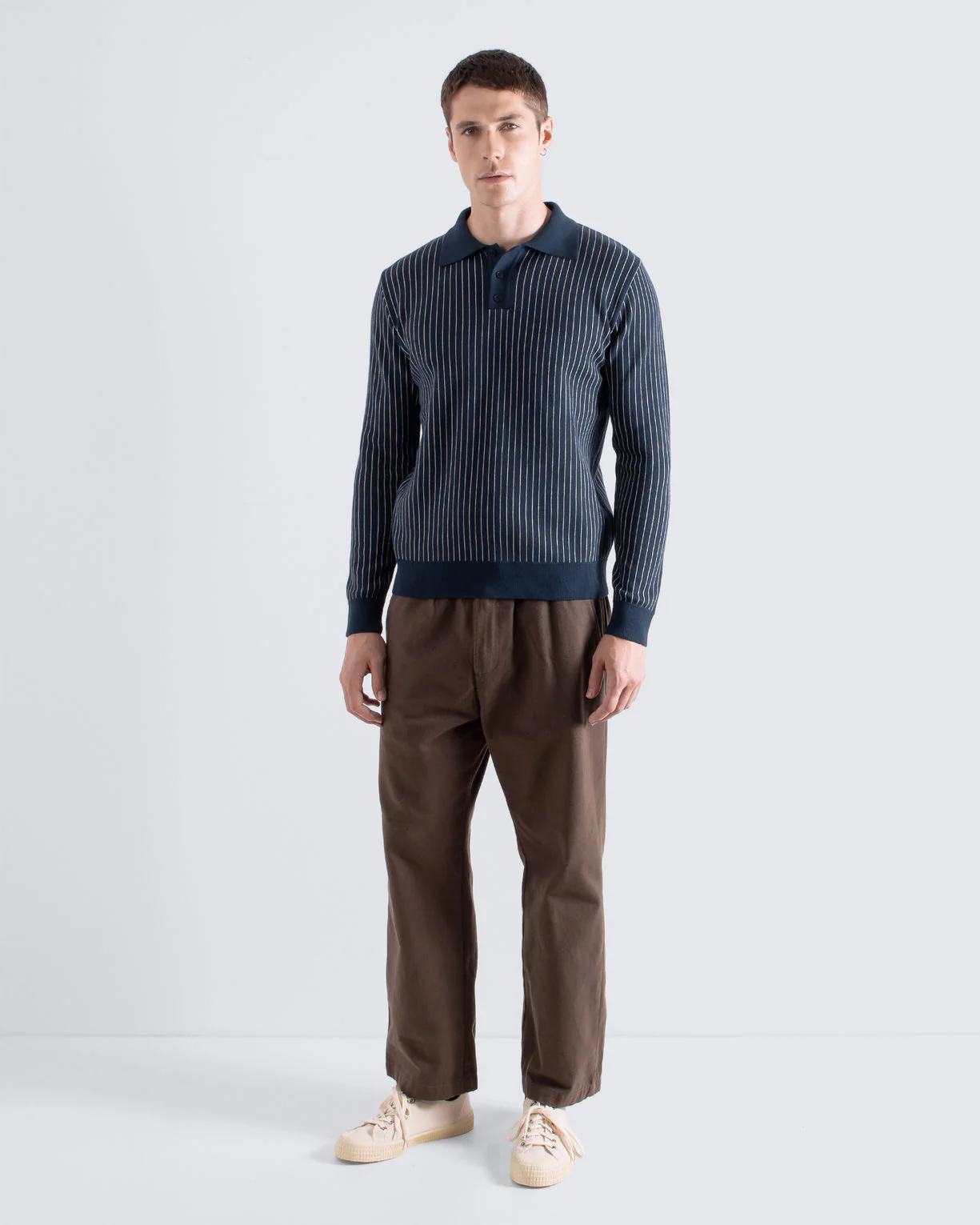 Far Afield Benny Knitted Polo - Navy/White Pinstripe - Image 3