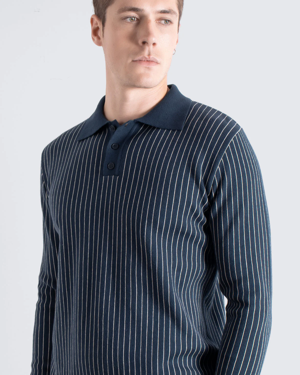 Far Afield Benny Knitted Polo - Navy/White Pinstripe - Image 4