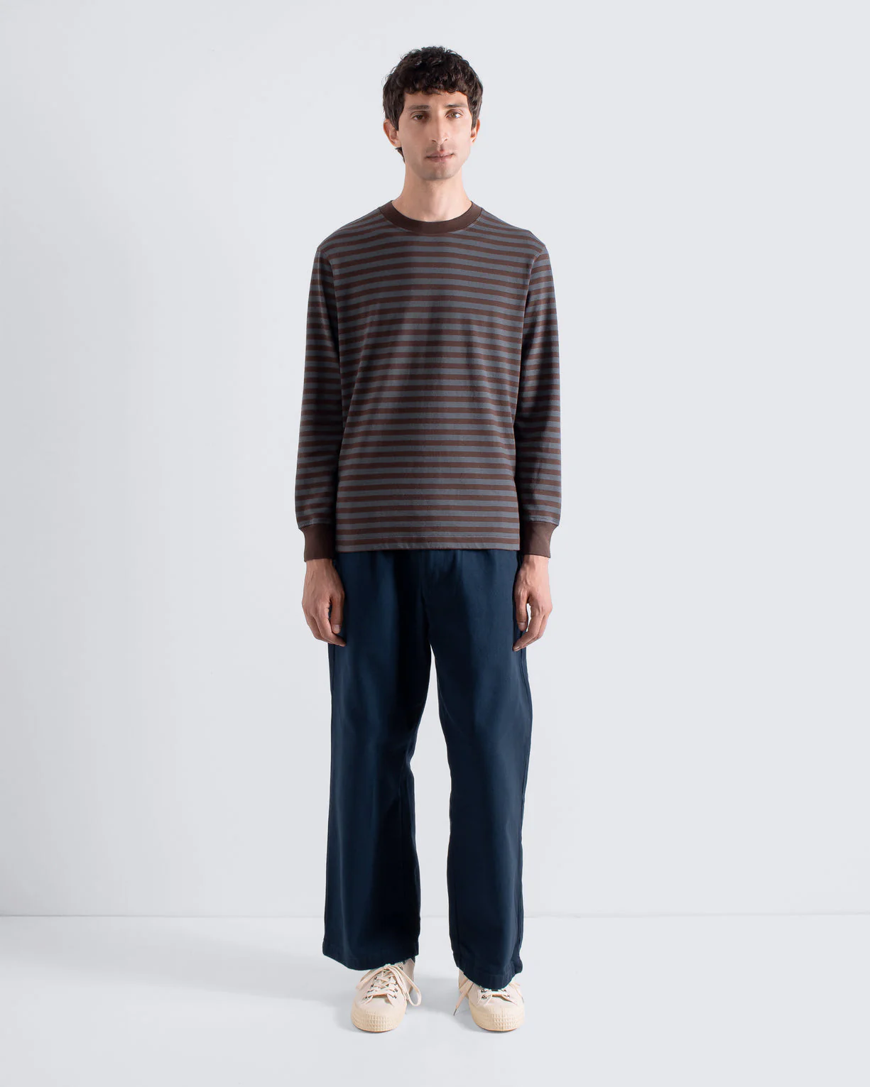 Far Afield Breton Stripe T-Shirt - Yarn Dyed - Grey/Brown - Image 3