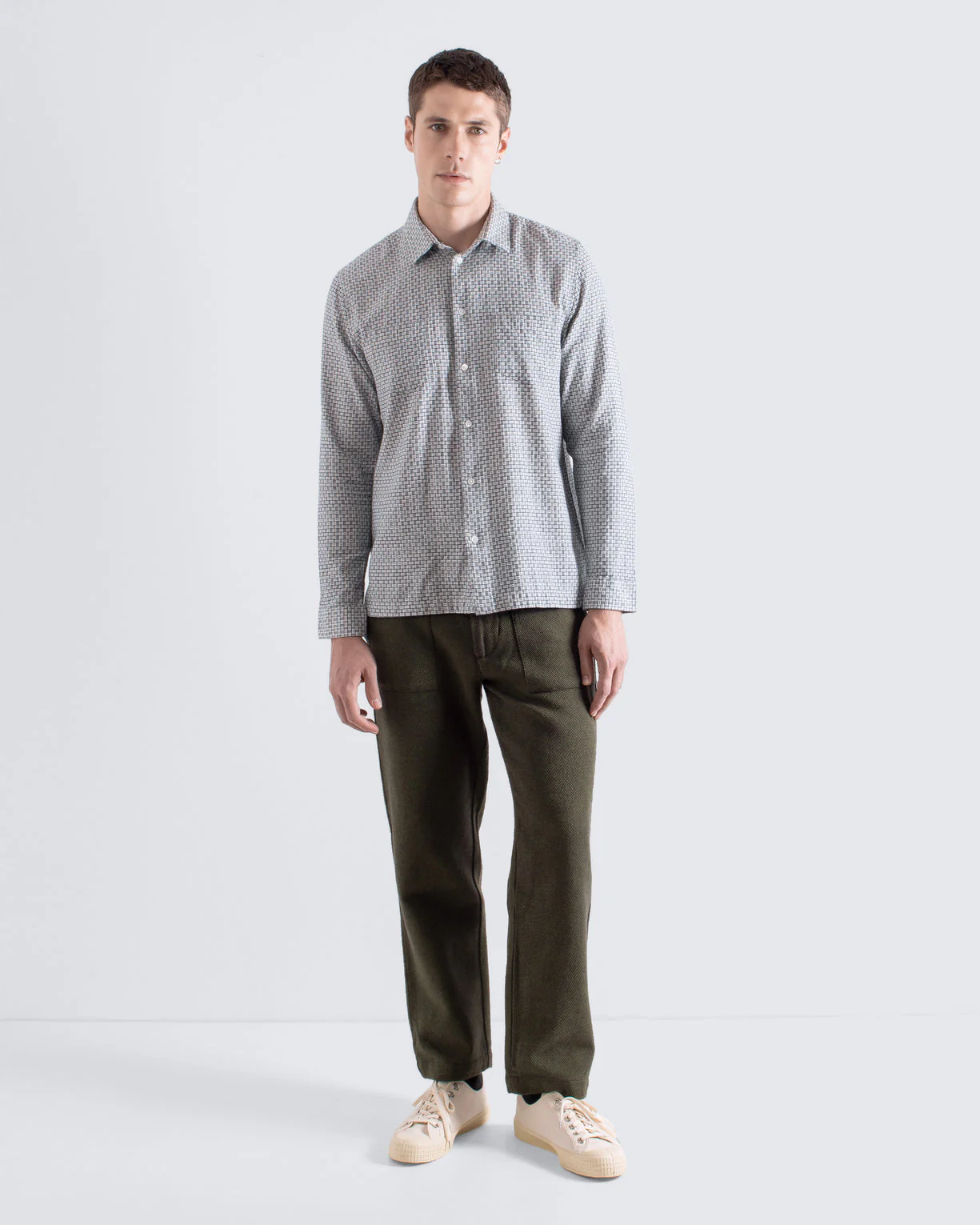 Far Afield Classic Two Pocket Shirt - Dobby Blocks - White/Grey - Image 3
